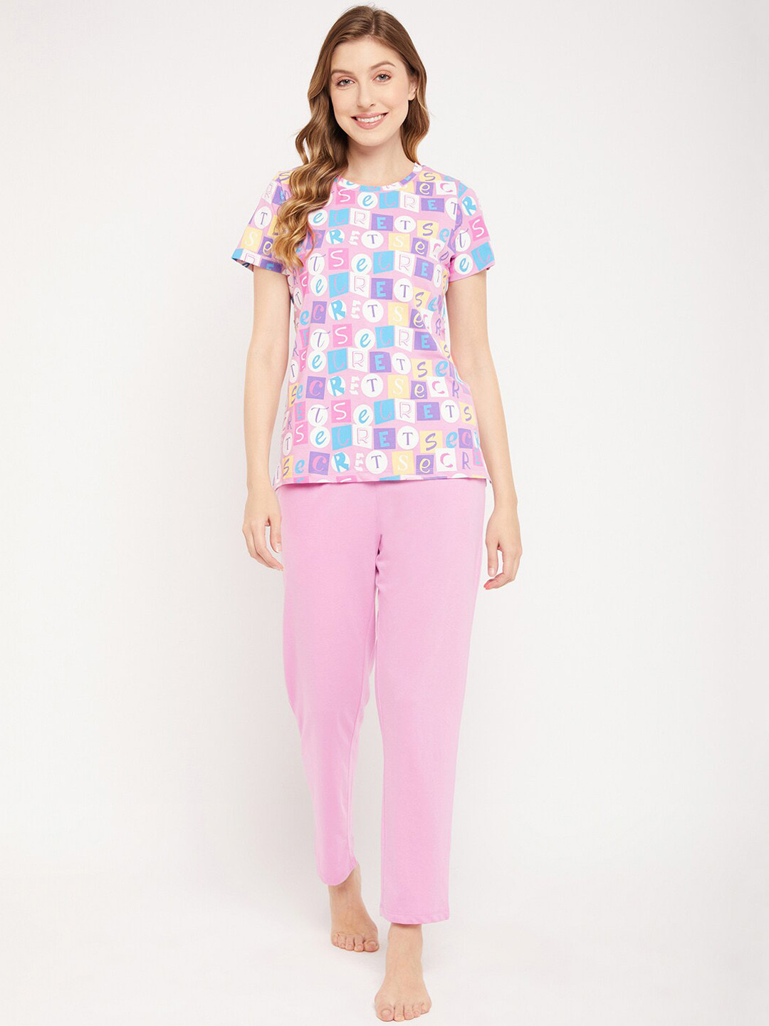 

MADAME M SECRET Typography Printed Night Suit, Pink