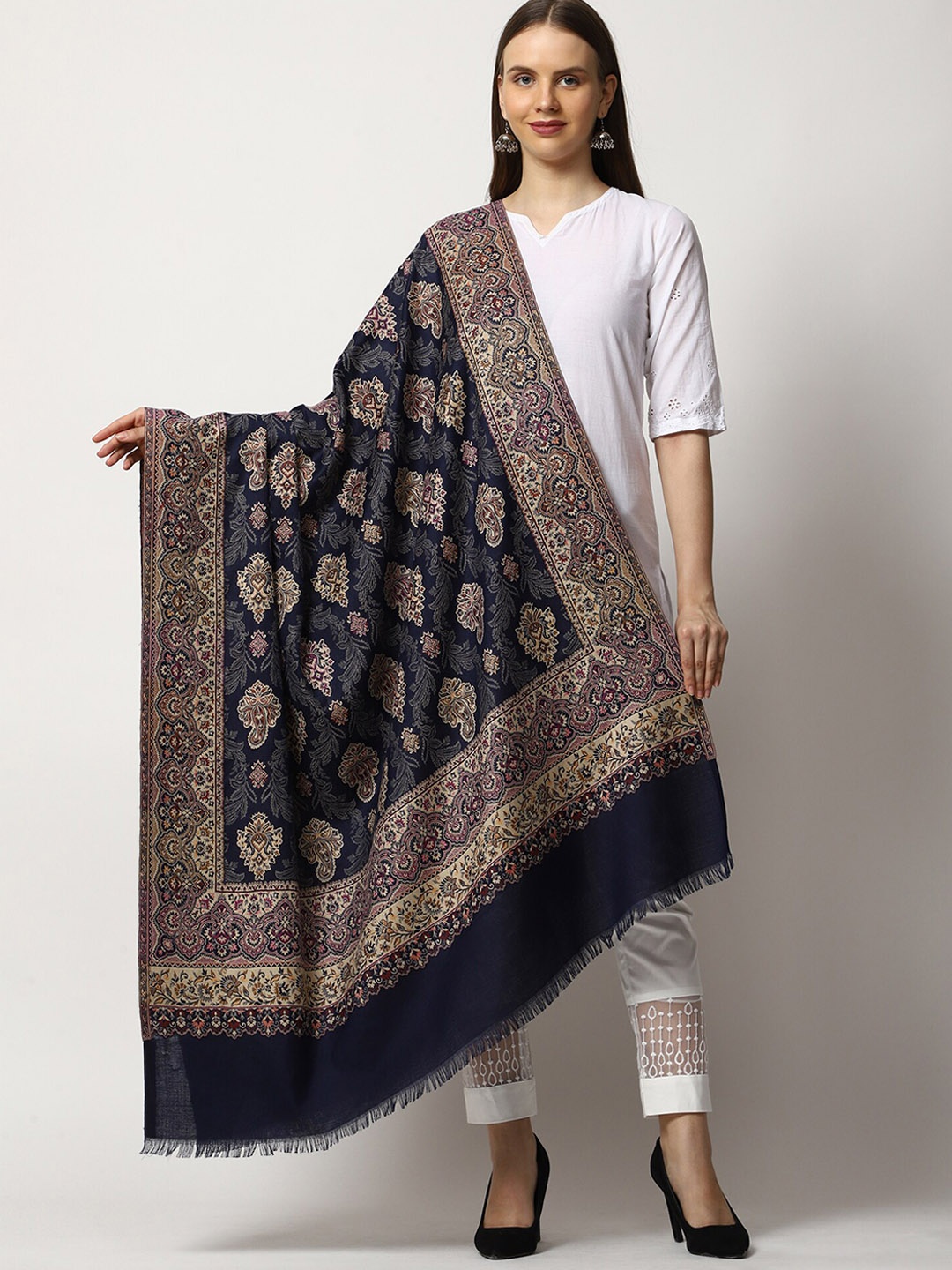 

SWI Stylish Women Floral Woven Design Kani Woven Wool Shawl, Navy blue