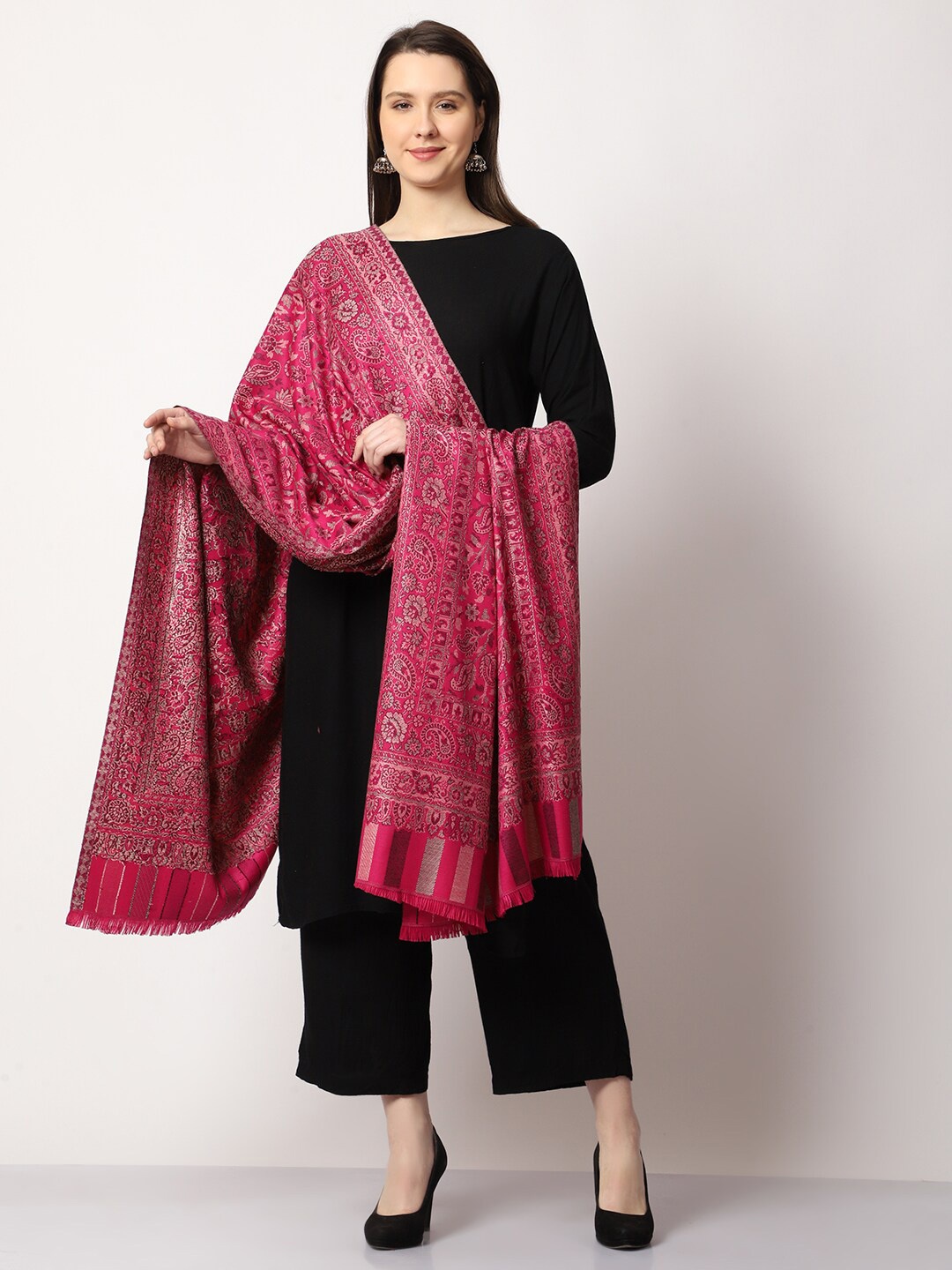 

SWI Stylish Women Floral Woven Design Kani Wool Shawl With Fringed Border, Magenta