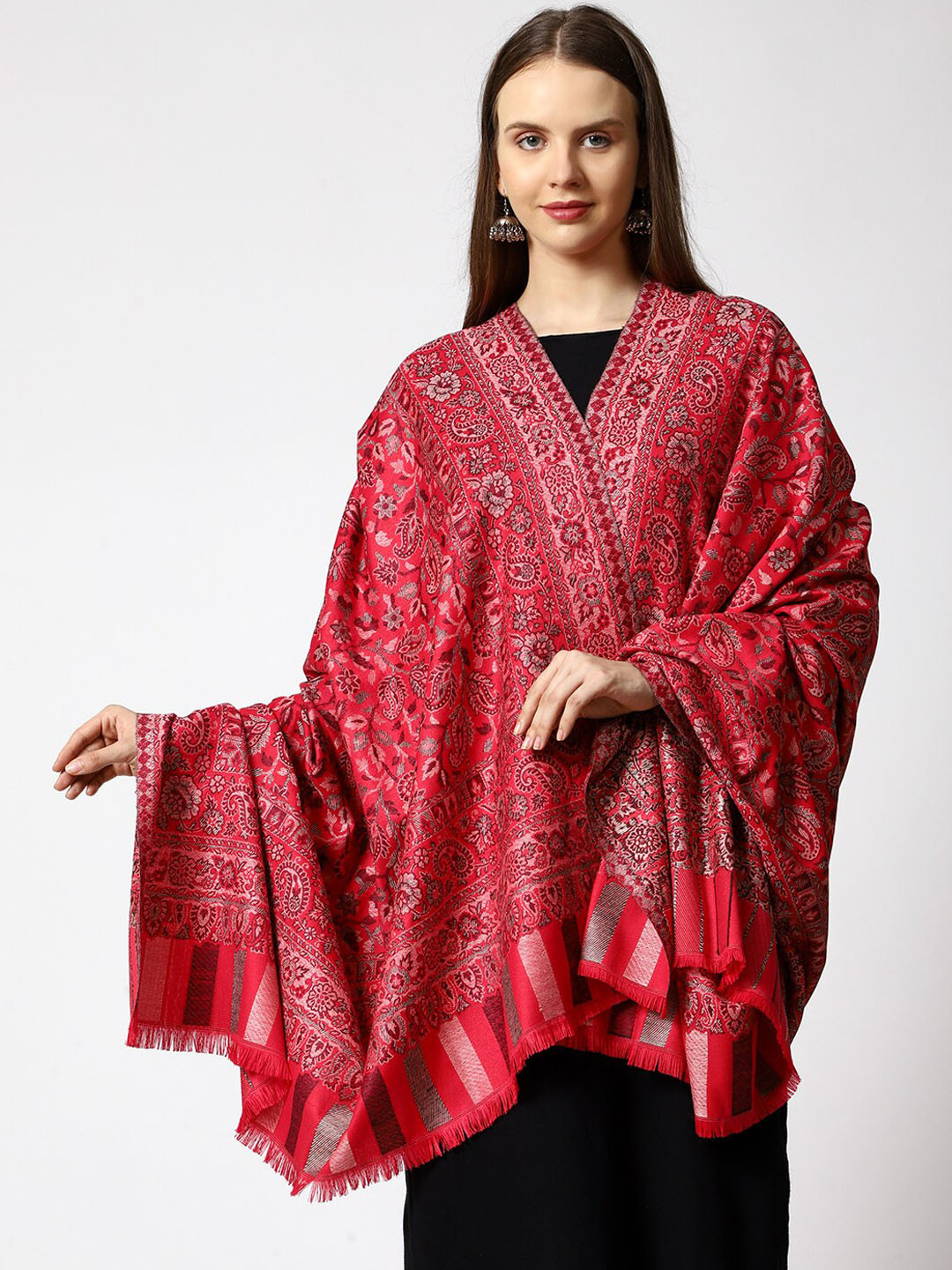 

SWI Stylish Women Floral Woven Design Kani Wool Shawl With Fringed Border, Pink