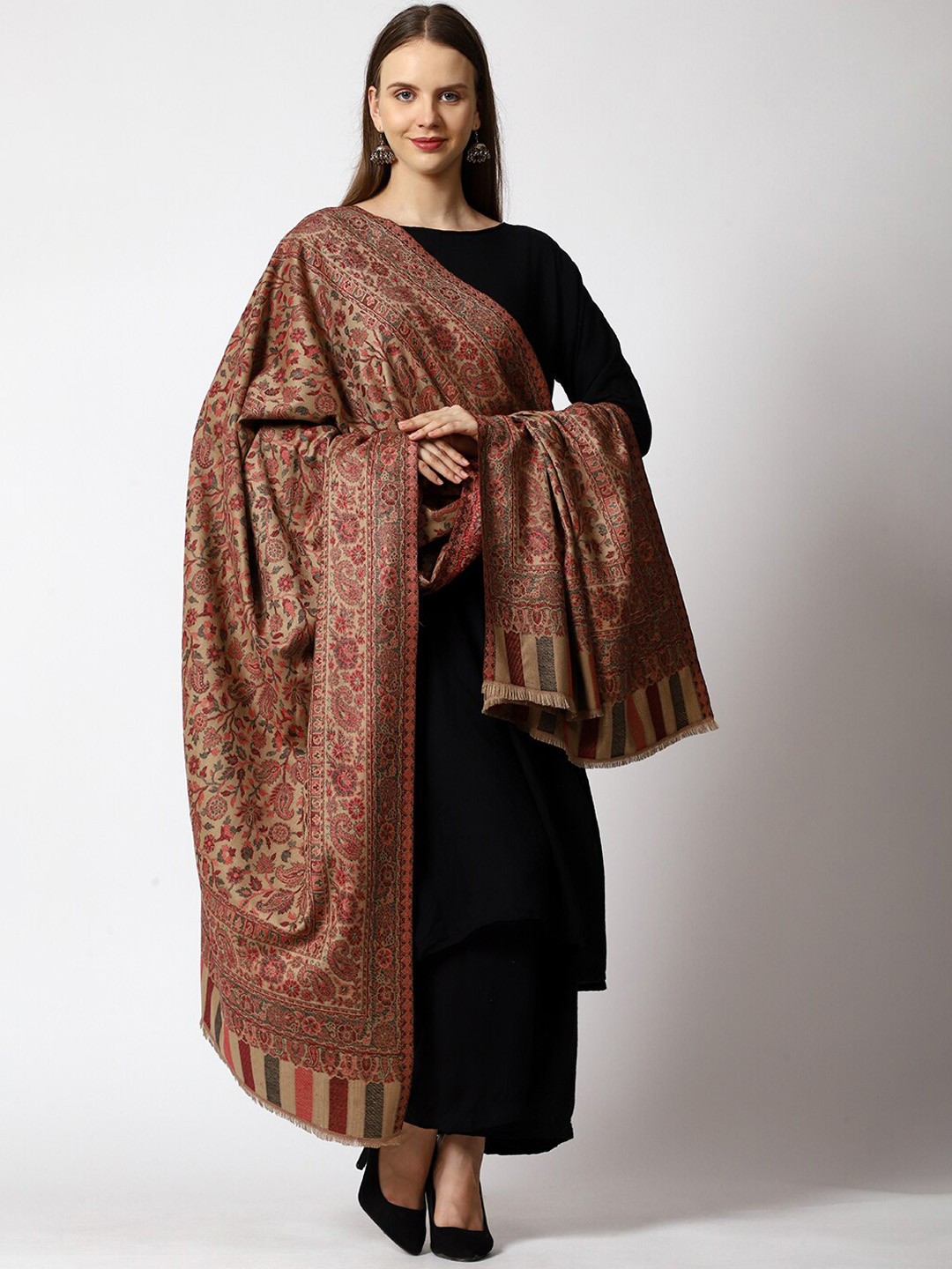 

SWI Stylish Women Floral Woven Design Kani Wool Shawl With Fringed Border, Beige