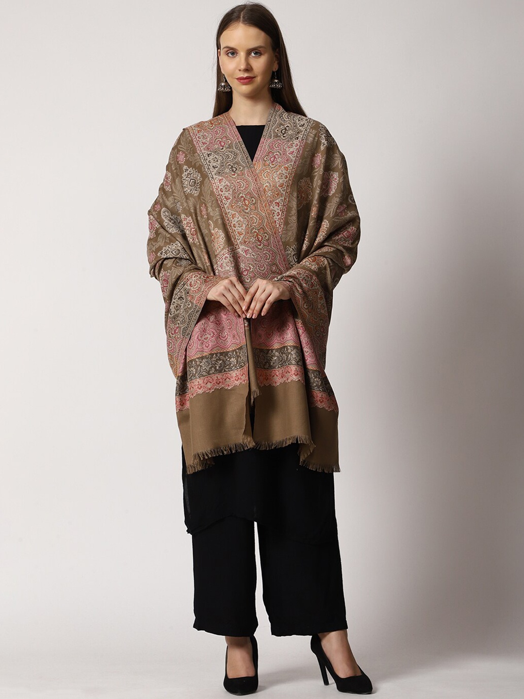 

SWI Stylish Women Floral Woven Design Kani Wool Shawl With Fringed Border, Beige