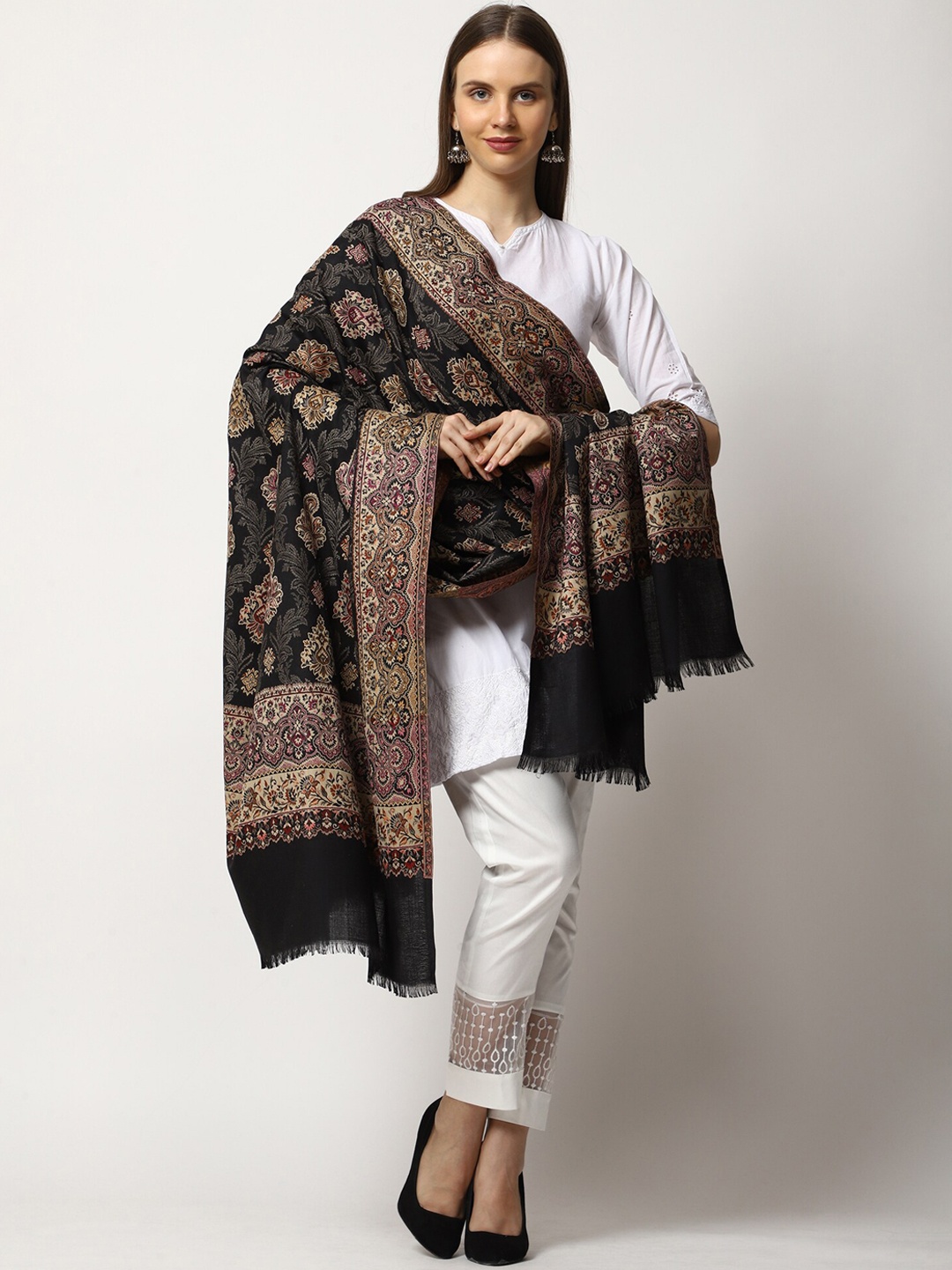 

SWI Stylish Women Floral Woven Design Kani Wool Shawl With Fringed Border, Black