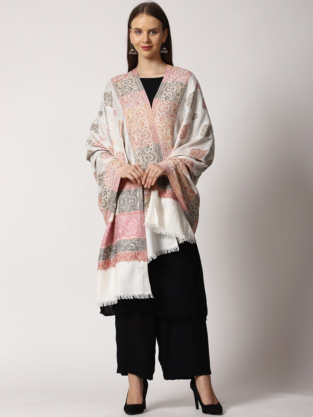 

SWI Stylish Women Floral Woven Design Kani Wool Shawl With Fringed Border, White