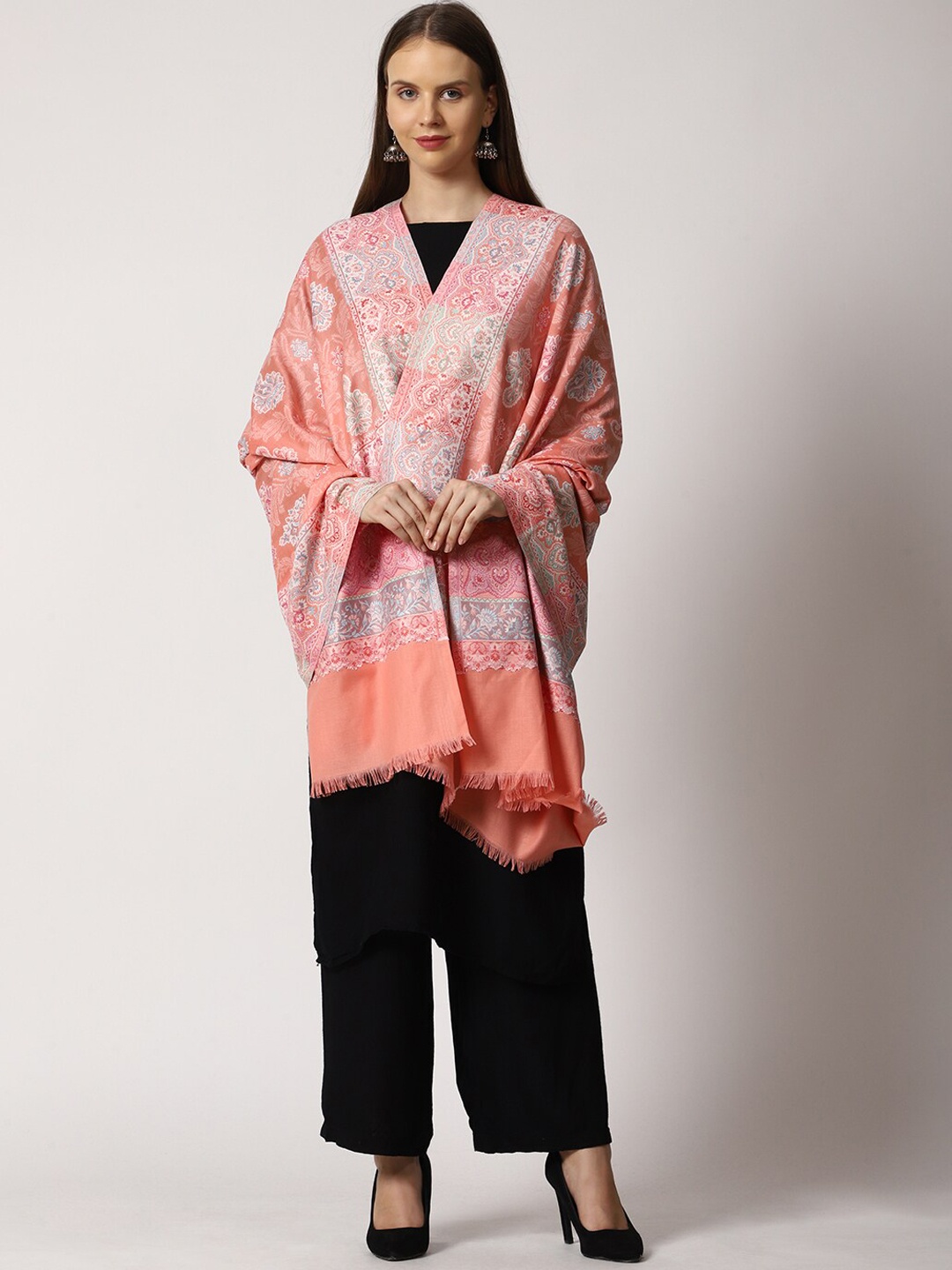 

SWI Stylish Women Floral Woven Design Kani Wool Shawl With Fringed Border, Peach