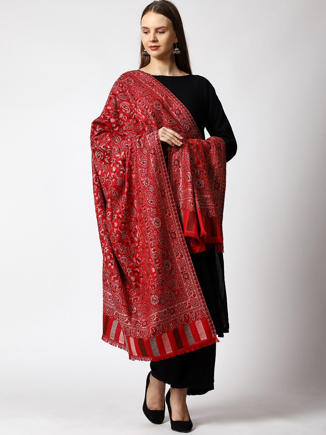 

SWI Stylish Women Floral Woven Design Kani Wool Shawl With Fringed Border, Maroon