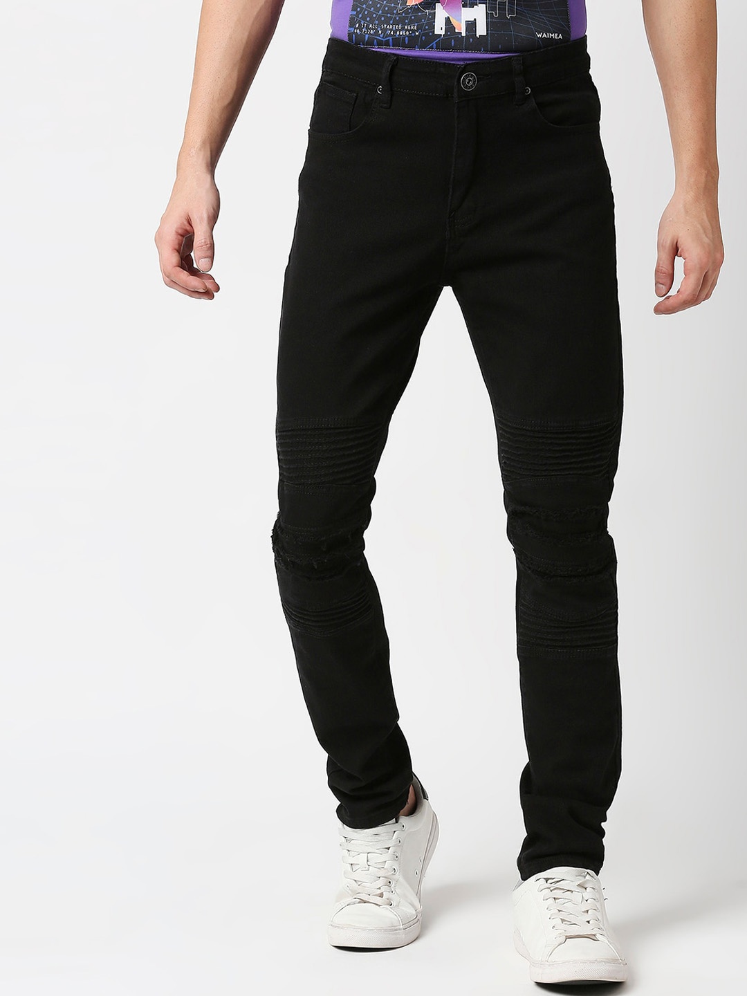

WAIMEA Men Slim Fit Mid-Rise Mildly Distressed Stretchable Jeans, Black