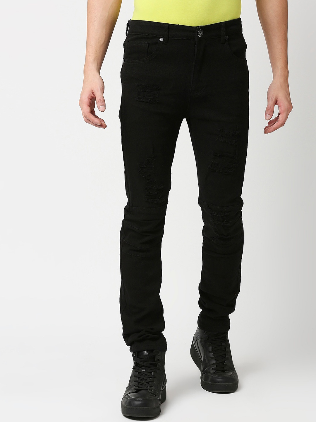 

WAIMEA Men Slim Fit Mid-Rise Mildly Distressed Stretchable Jeans, Black