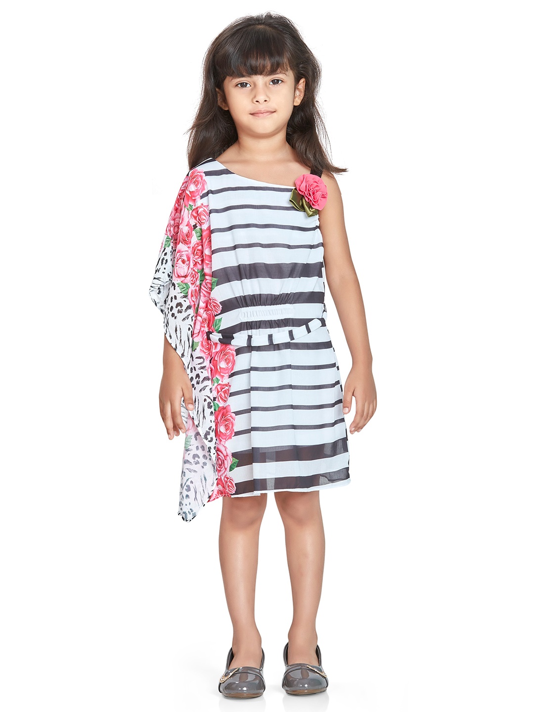

Peppermint Girls Striped Flutter Sleeve Satin A-Line Dress, Black