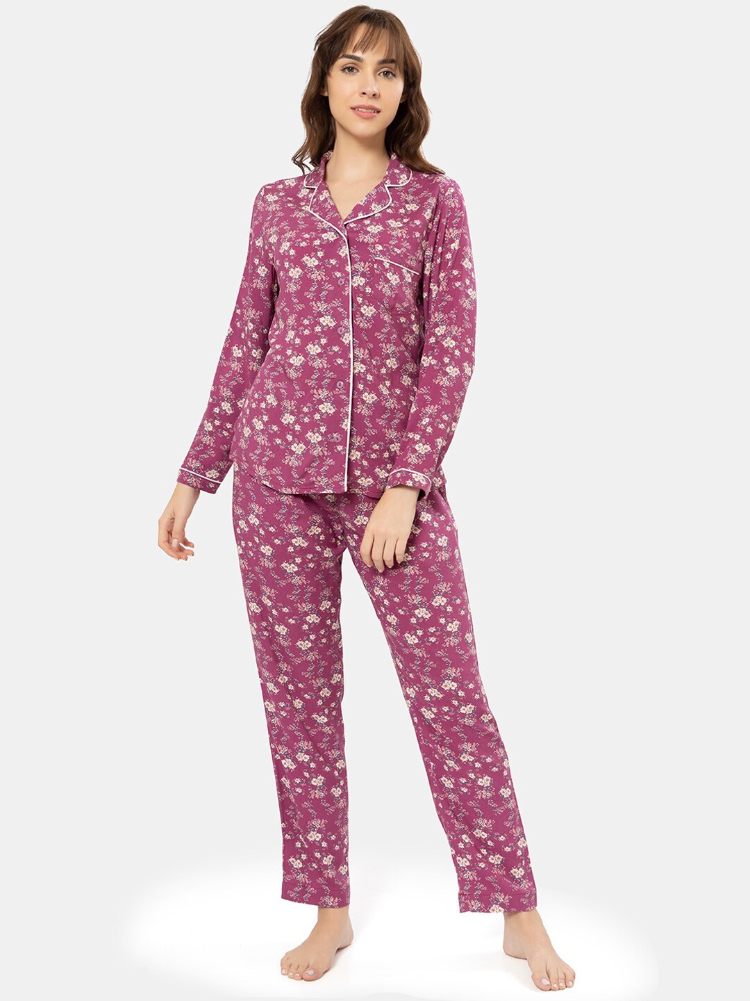 

Amante Printed Full Sleeves Collar Mid Rise Full Length Sleep Set, Purple