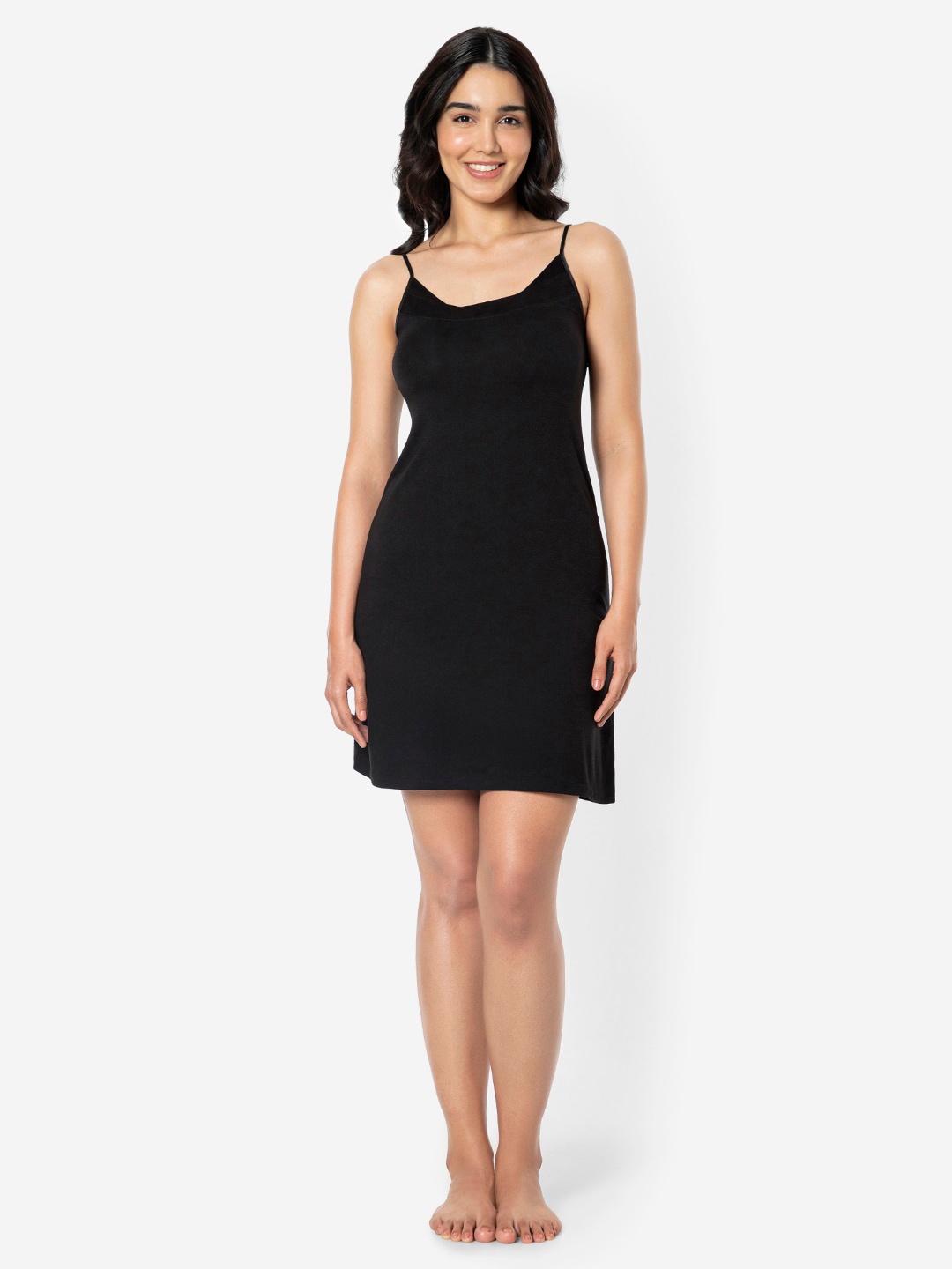 

Amante Solid Shoulder Straps Chemise Nightdress, Black