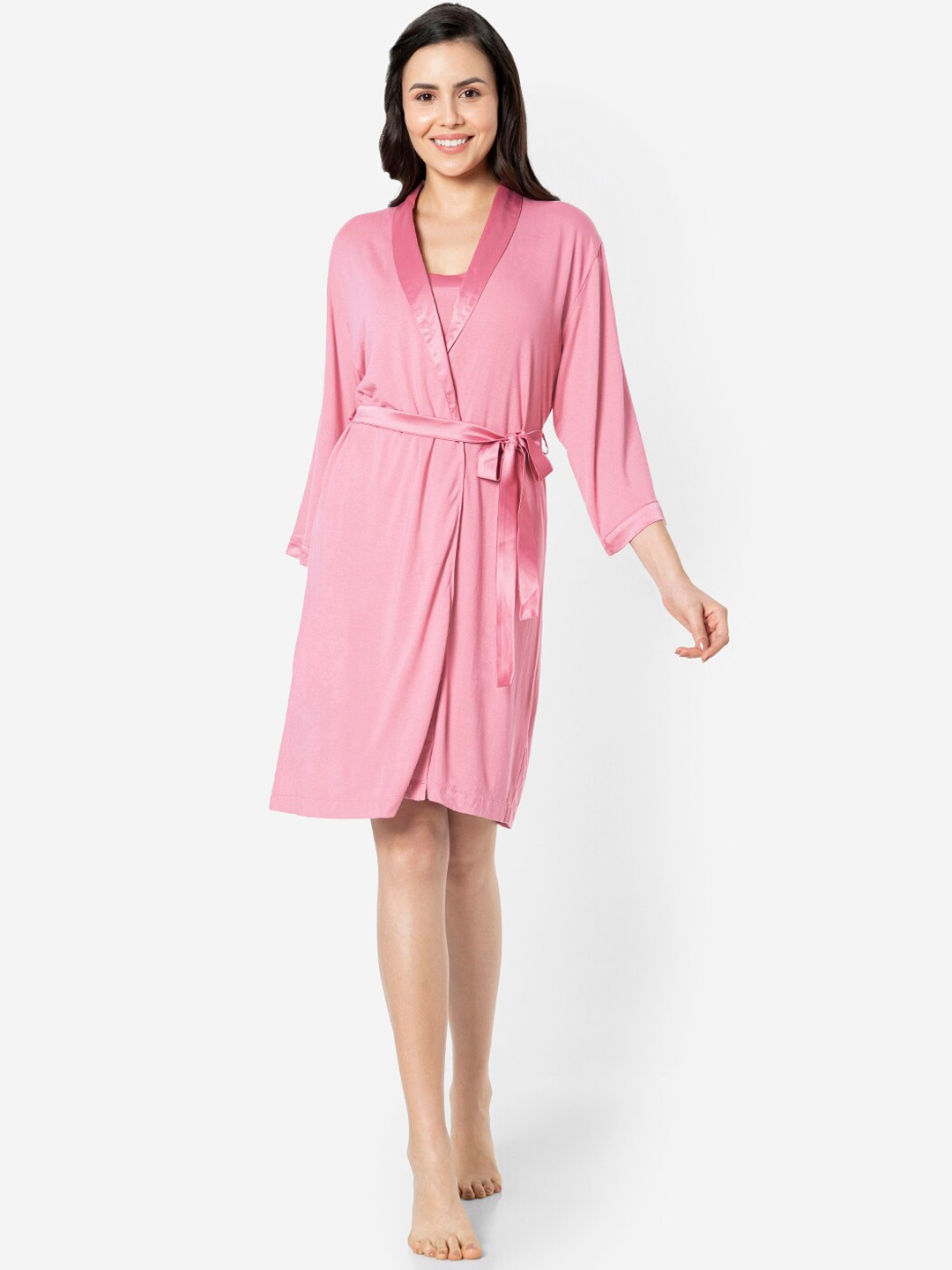 

Amante V-Neck Knee Length Waist Tie-Ups Sleep Robe, Pink