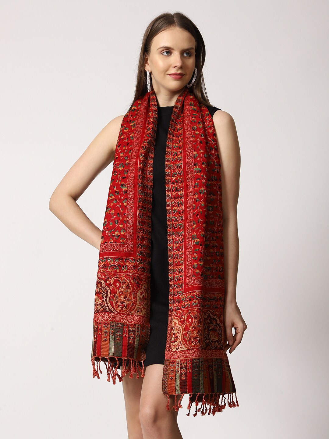 

SWI Stylish Tasselled Ethnic Print Woven Woollen Stole, Maroon