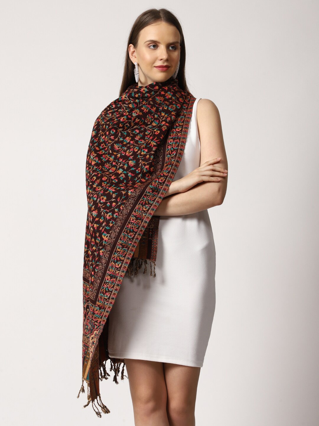 

SWI Stylish Tasselled Ethnic Print Woven Design Stole, Coffee brown