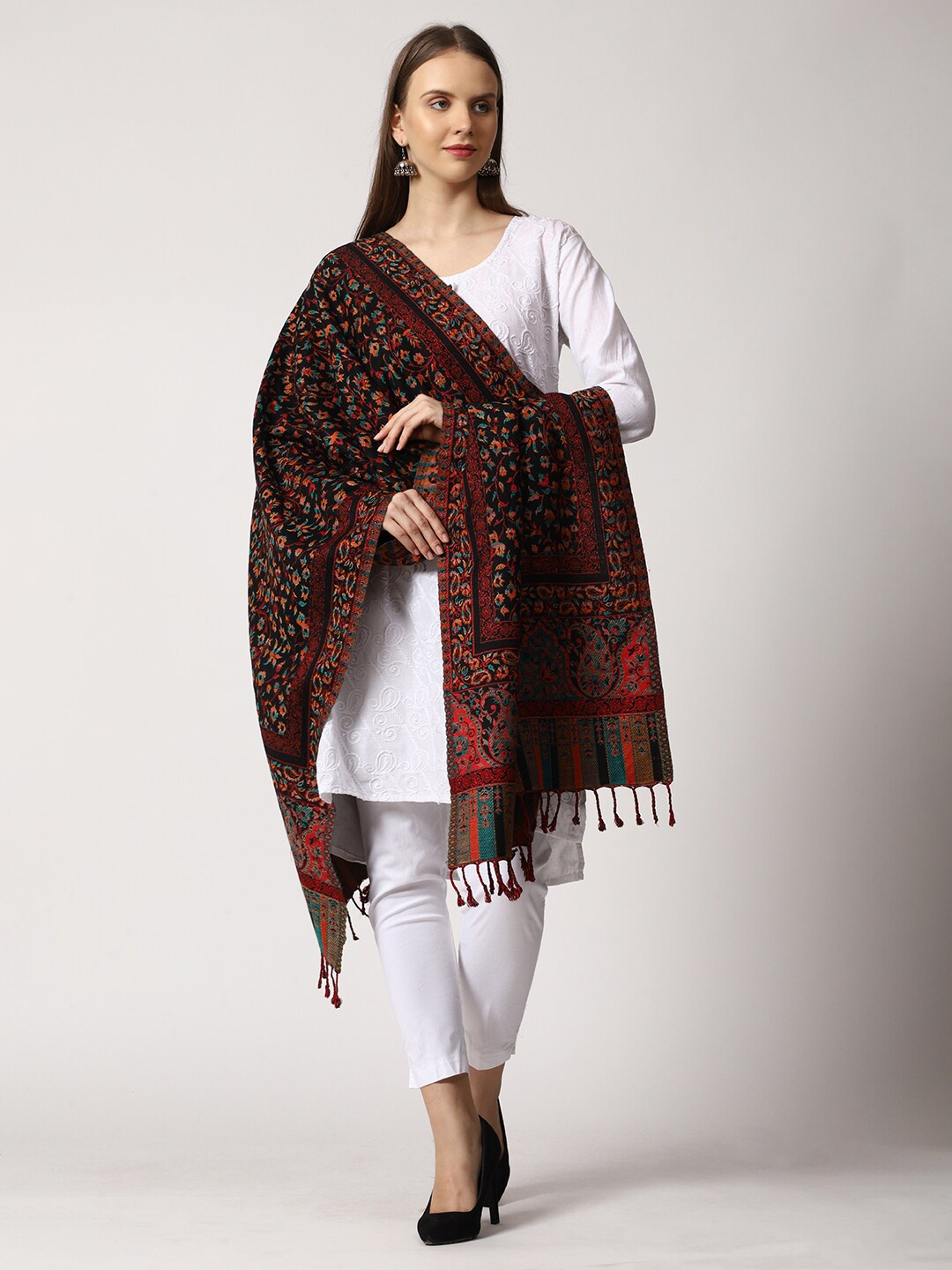 

SWI Stylish Tasselled Ethnic Print Woven Design Stole, Black