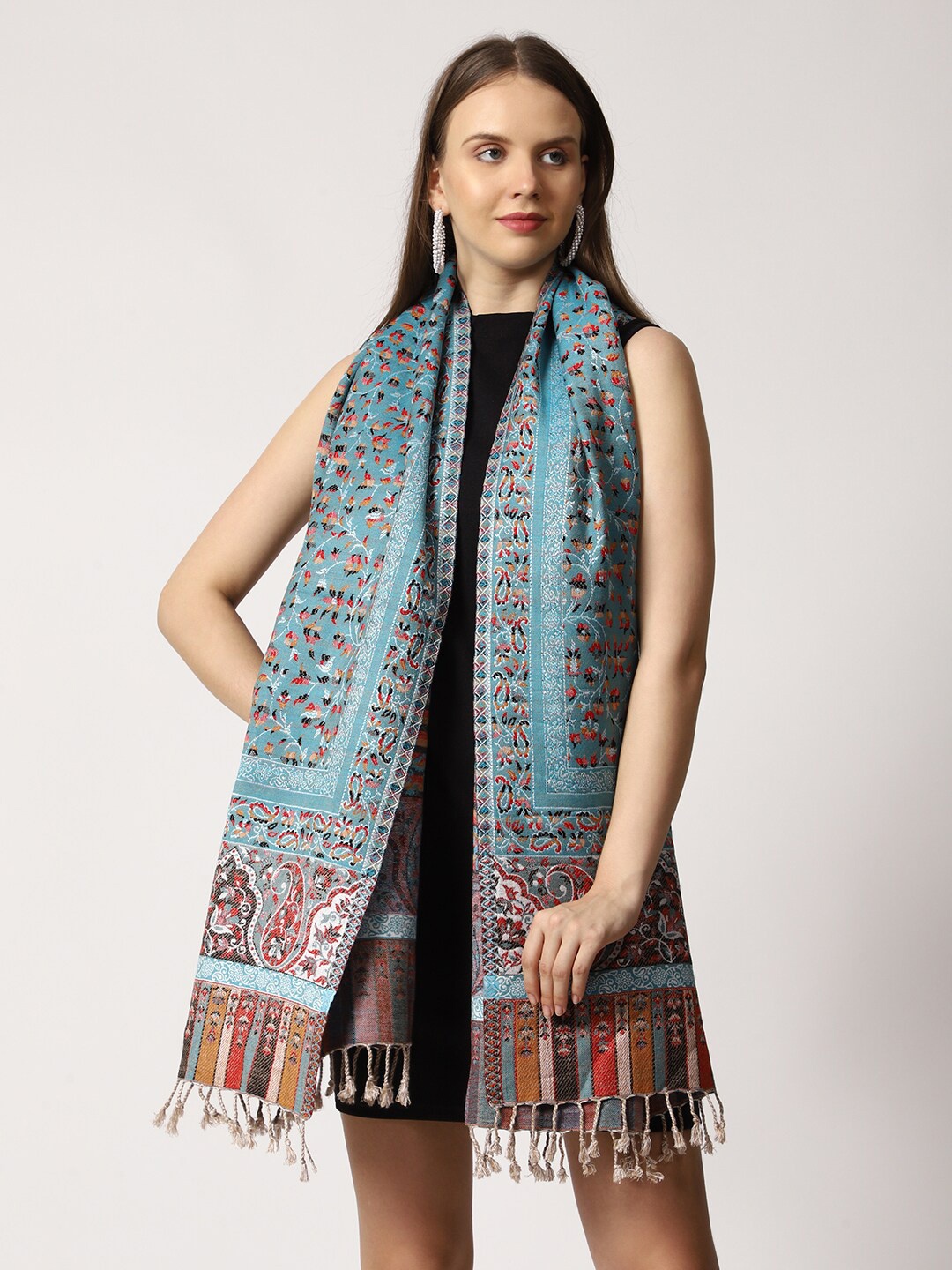 

SWI Stylish Tasselled Ethnic Print Woven Woollen Stole, Turquoise blue