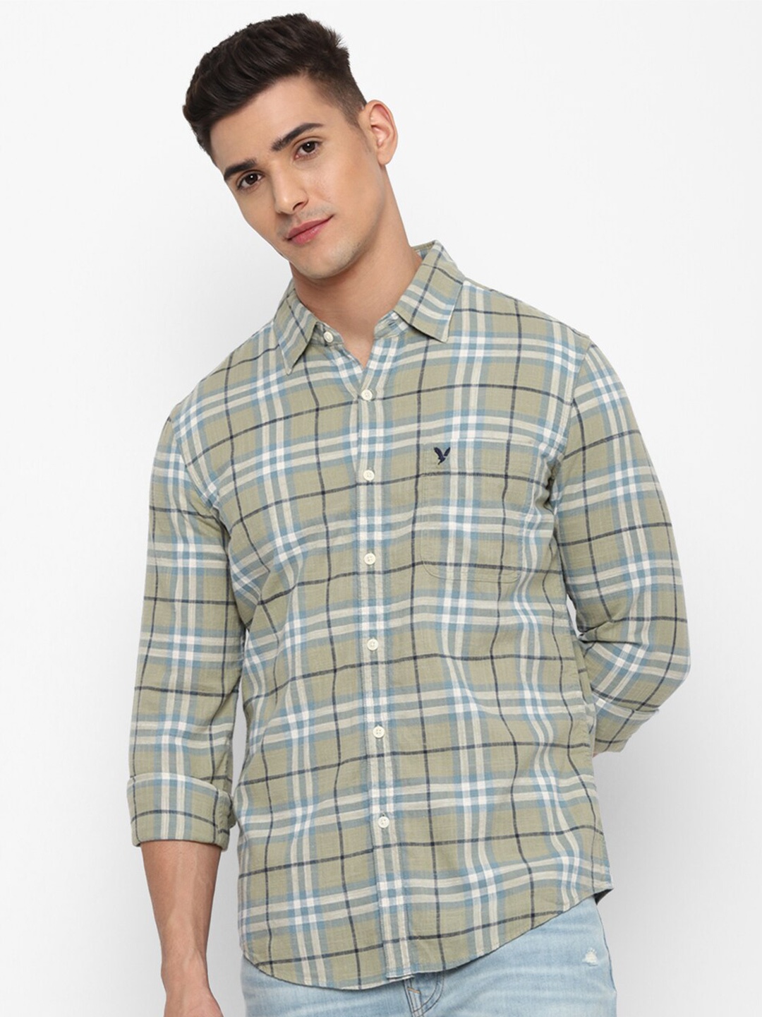 

AMERICAN EAGLE OUTFITTERS Slim Fit Tartan Checks Pure Cotton Casual Shirt, Green