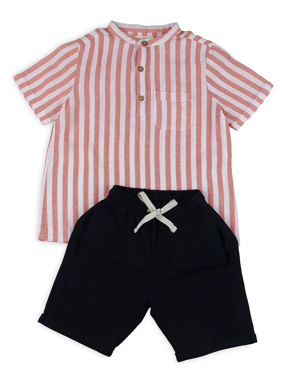 

Biglilpeople Boys Striped Mandarin Collar Cotton Linen Shirt With Shorts, Pink