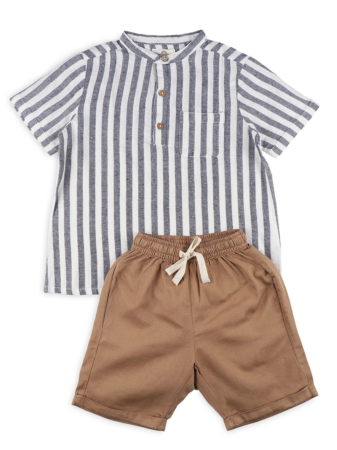 

Biglilpeople Boys Striped Mandarin Collar Cotton Linen Shirt With Shorts, White