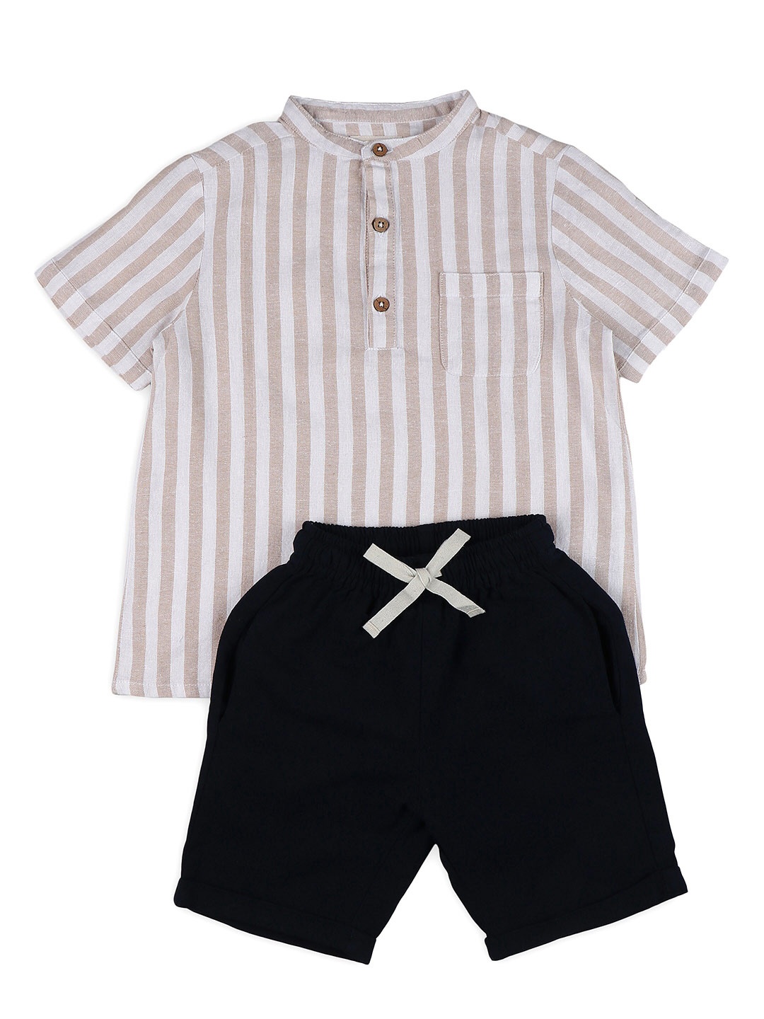 

Biglilpeople Boys Striped Mandarin Collar Cotton Linen Shirt With Shorts, White