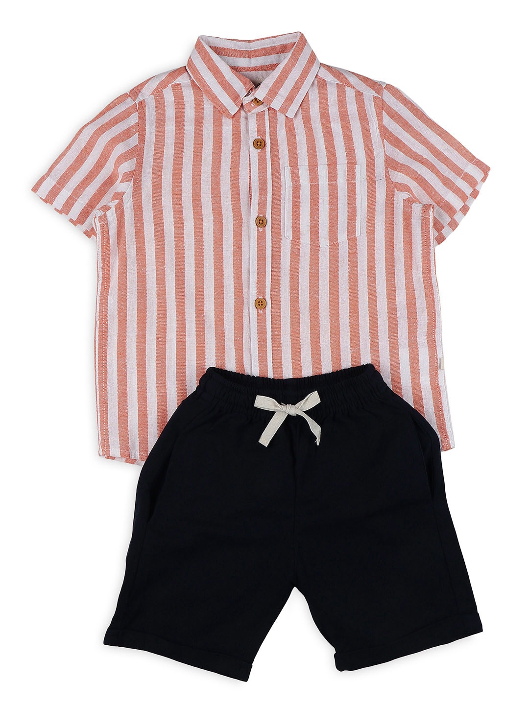 

Biglilpeople Boys Striped Shirt Collar Cotton Linen Shirt With Shorts, Orange