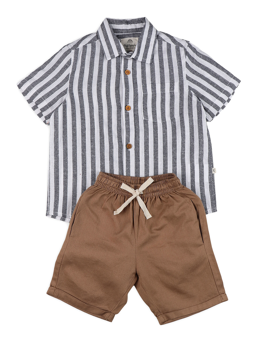 

Biglilpeople Boys Striped Shirt Collar Cotton Linen Shirt With Shorts, White