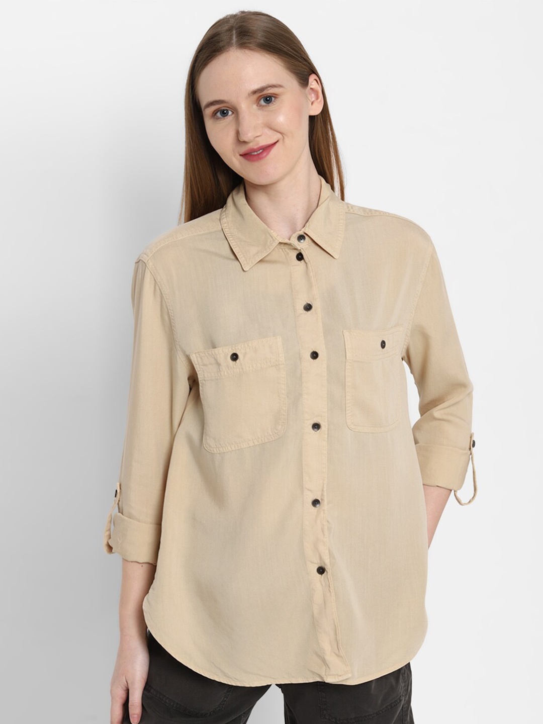 

AMERICAN EAGLE OUTFITTERS Spread Collar Casual Shirt, Beige