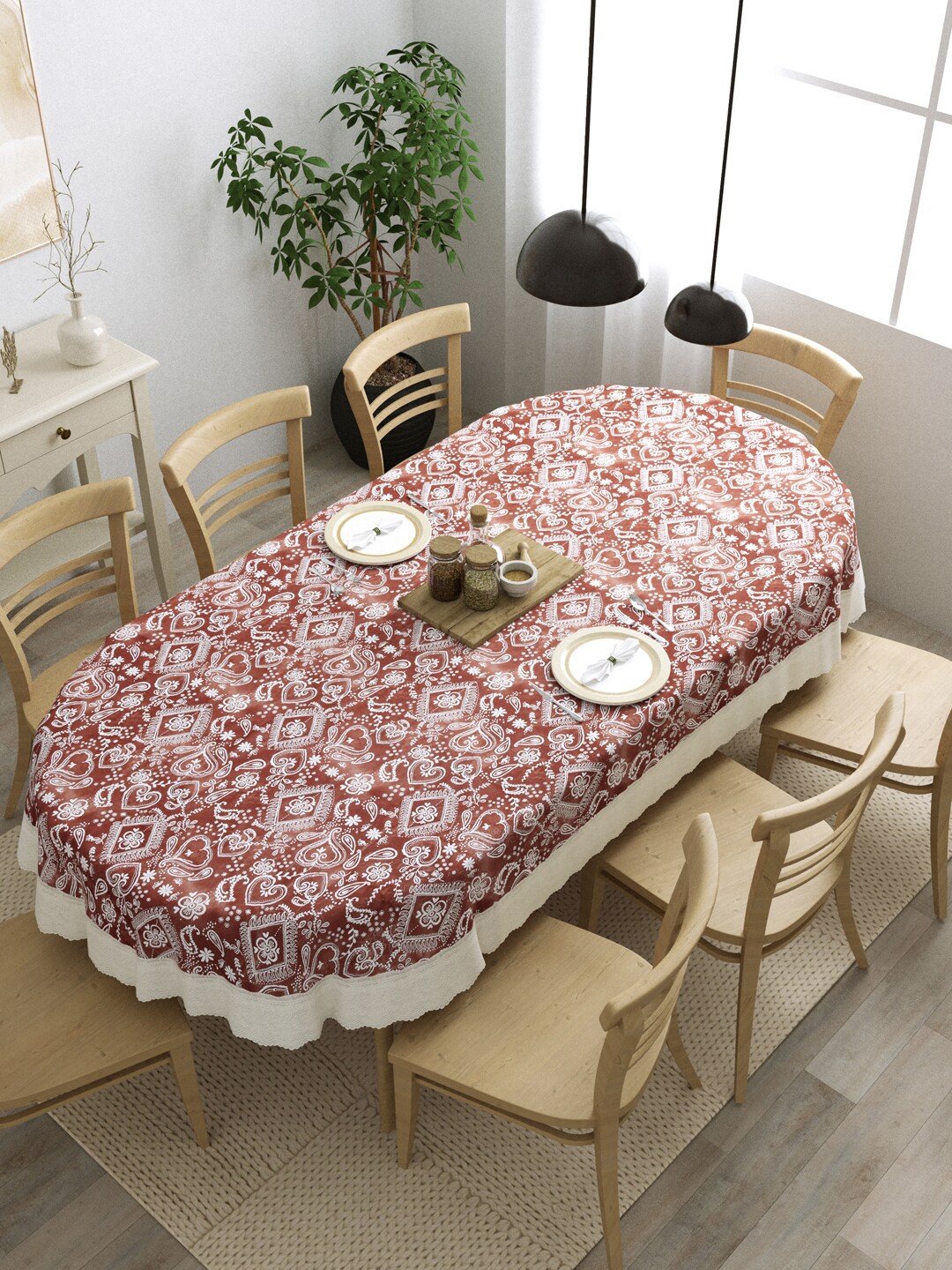 

Clasiko Brown & White Ethnic Motif Printed Oval 8-Seater Anti-Slip Table Cover