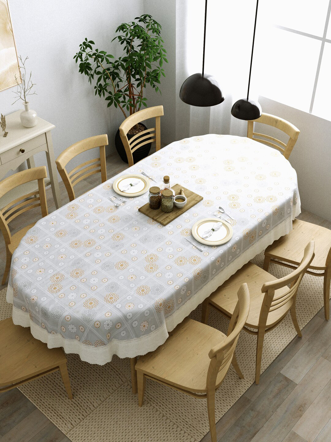 

Clasiko Grey & Off-White Printed Oval 8-Seater Anti-Slip Table Cover