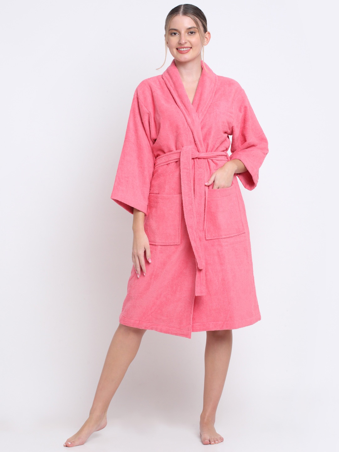 

Creeva Breathable Terry Cotton Bath Robe With Belt, Pink