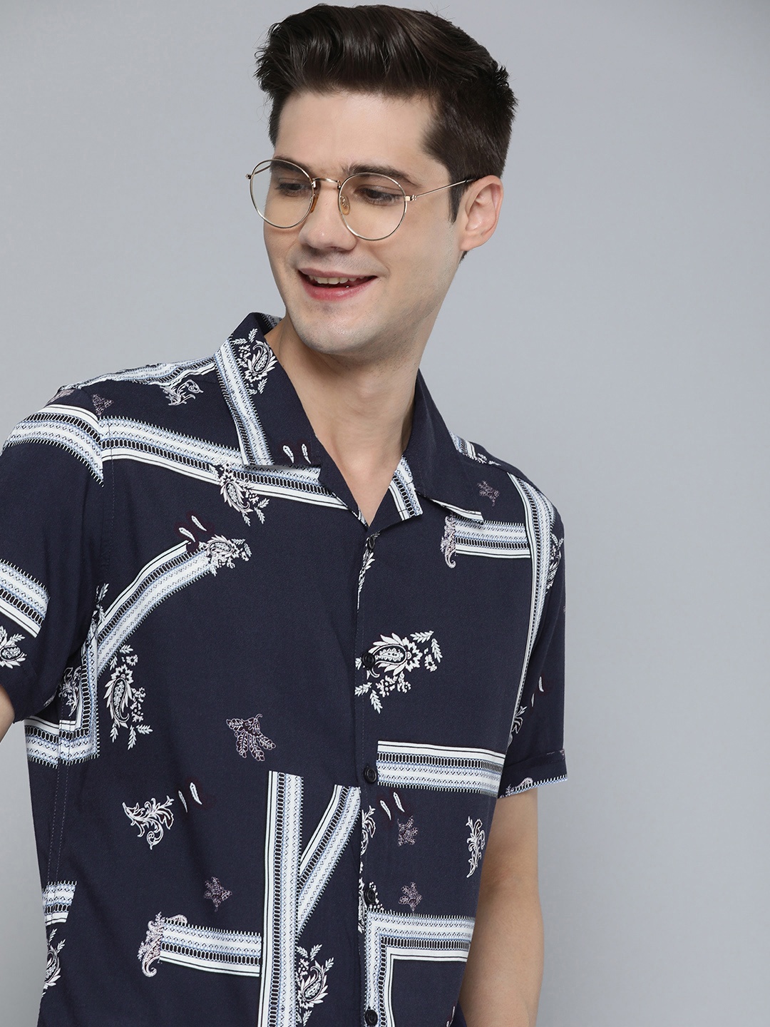 

HERE&NOW Men Slim Fit Opaque Printed Casual Shirt, Navy blue