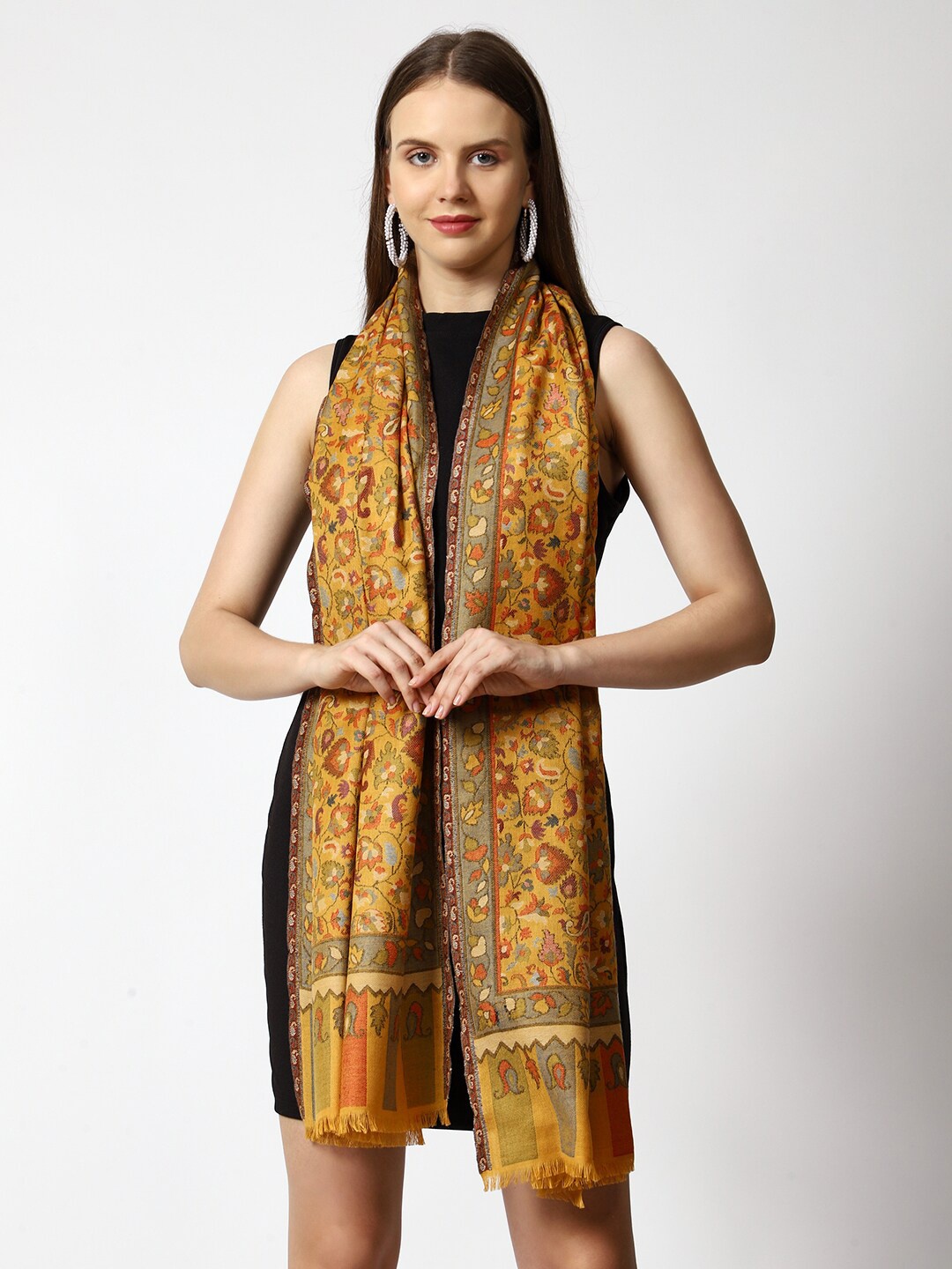 

SWI Stylish Ethnic Print Woven Design Wollen Stole, Yellow