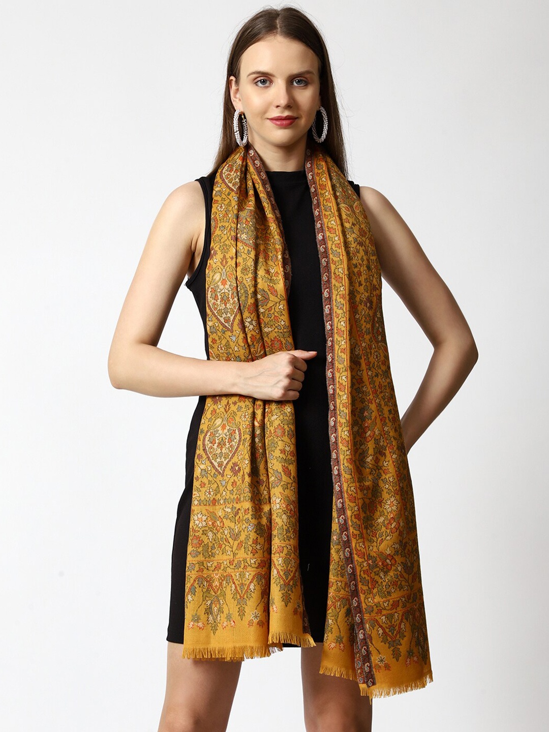 

SWI Stylish Ethnic Motifs Woven Design Woolen With Fringed Border Stole, Yellow