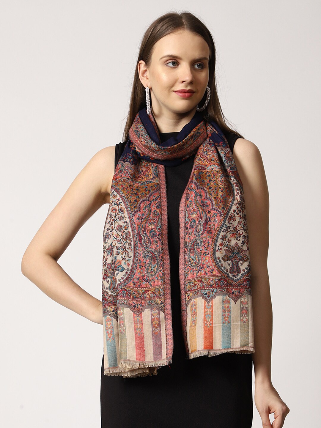 

SWI Stylish Paisley Motifs Woven Design Woolen With Fringed Border Shawl, Navy blue