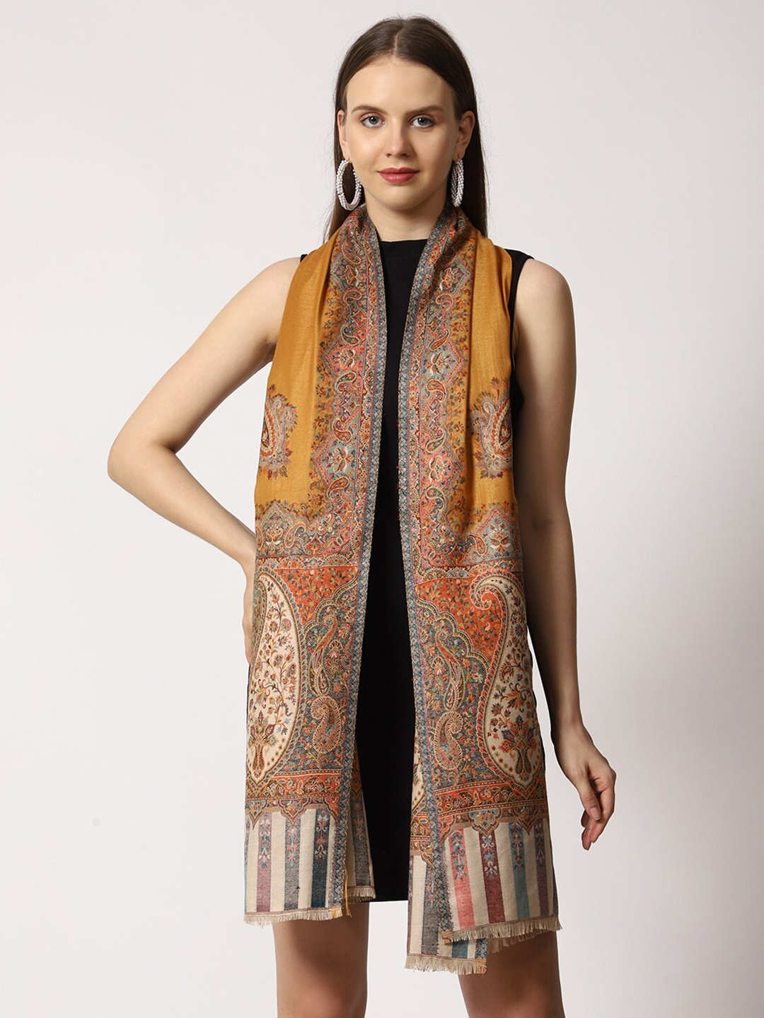 

SWI Stylish Paisley Motifs Woven Design Woolen With Fringed Border Shawl, Mustard