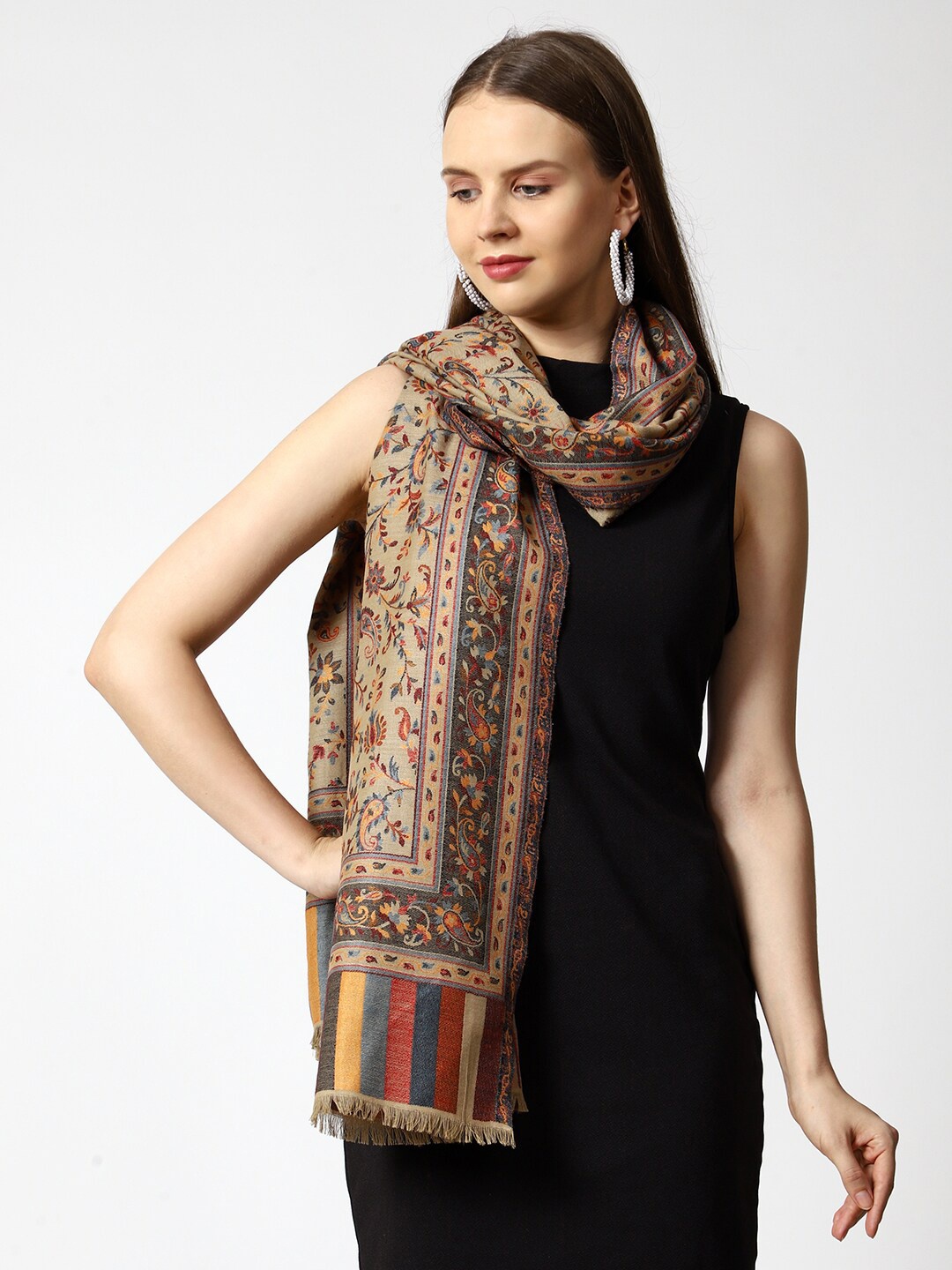 

SWI Stylish Ethnic Print Woven Design Wollen Stole, Beige