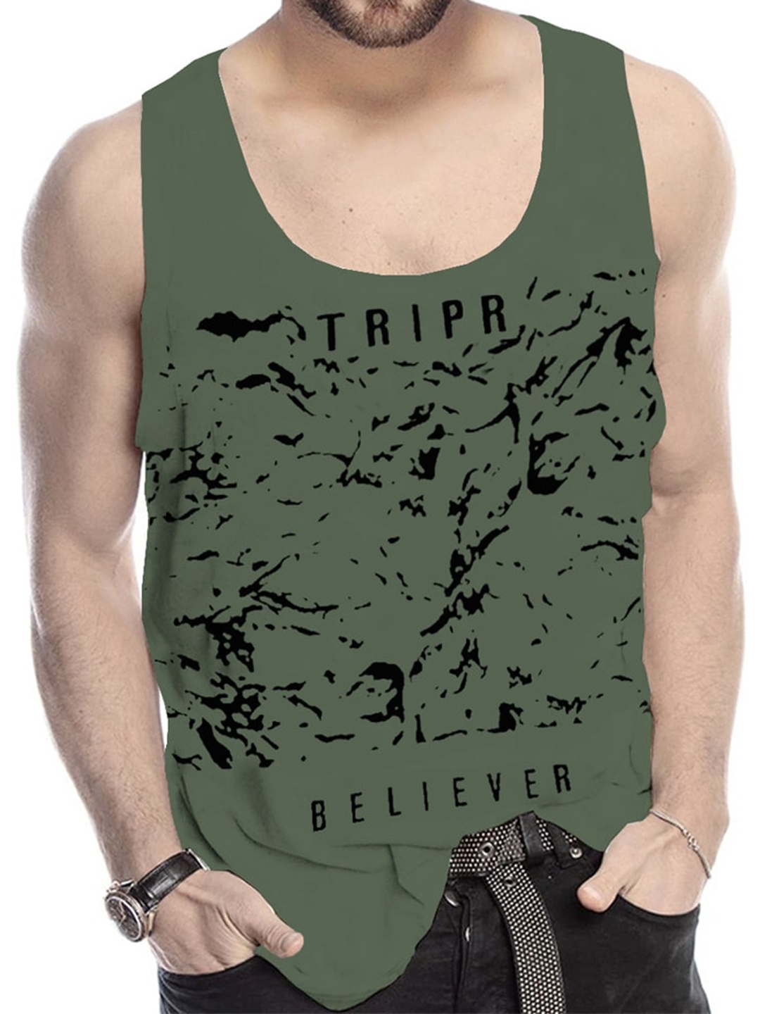 

TRIPR Printed Cotton Gym Innerwear Vests, Olive