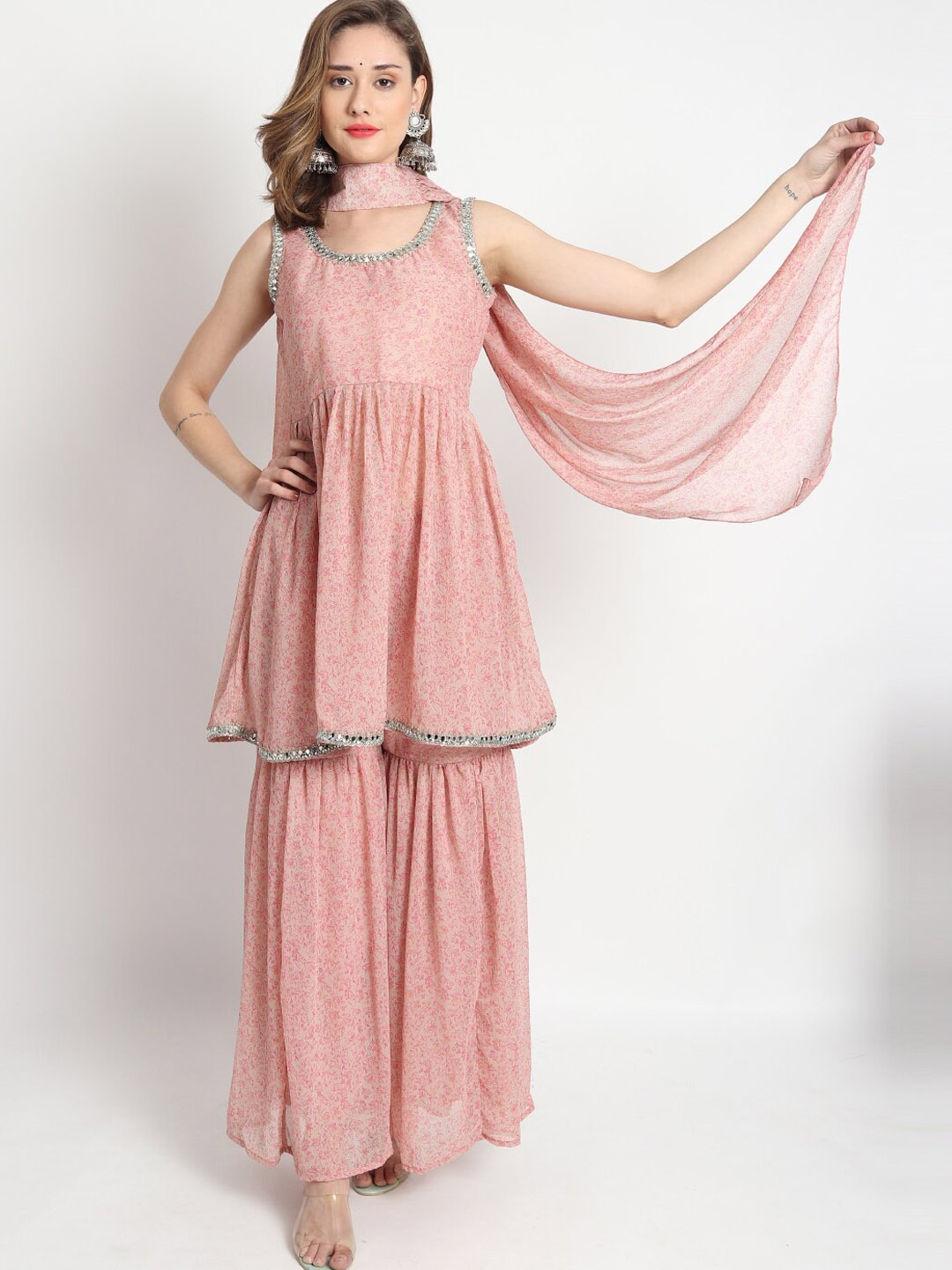

ISAM Floral Printed Mirror Work A-Line Kurti With Sharara & Dupatta, Peach