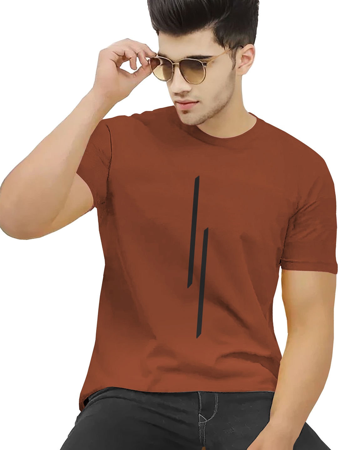 

BLIVE Round Neck Regular Fit Cotton T-Shirt, Brown