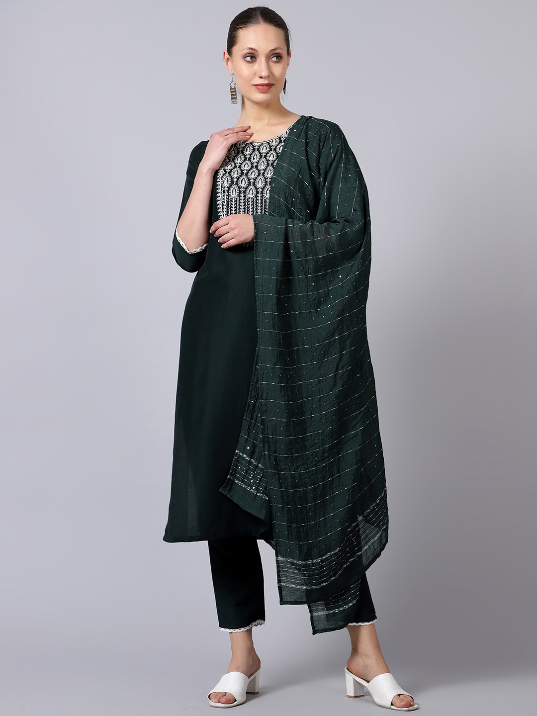 

TIEXA Ethnic Motifs Yoke Design Thread Work Kurta With Trousers & Dupatta, Black