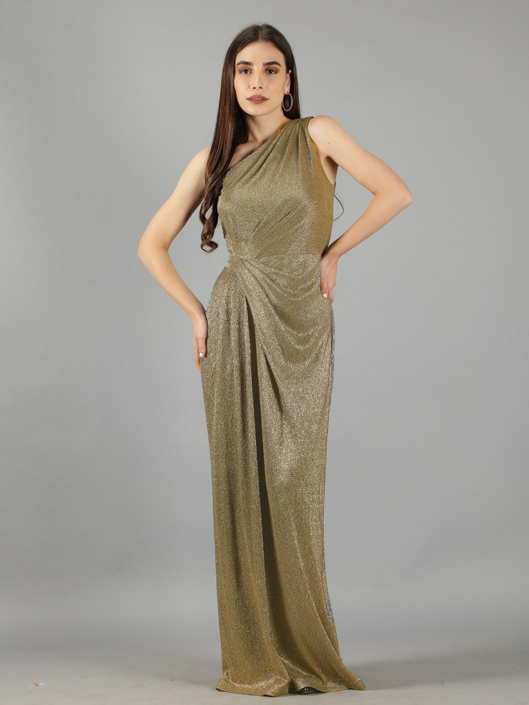 

Svelte Couture Self Design One shoulder Gathered Fit & Flare Maxi Dress, Gold