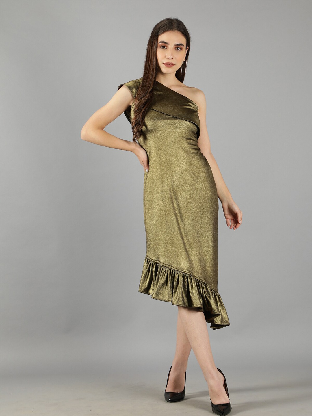 

Svelte Couture One Shoulder Ruffled Sheath Midi Dress, Gold