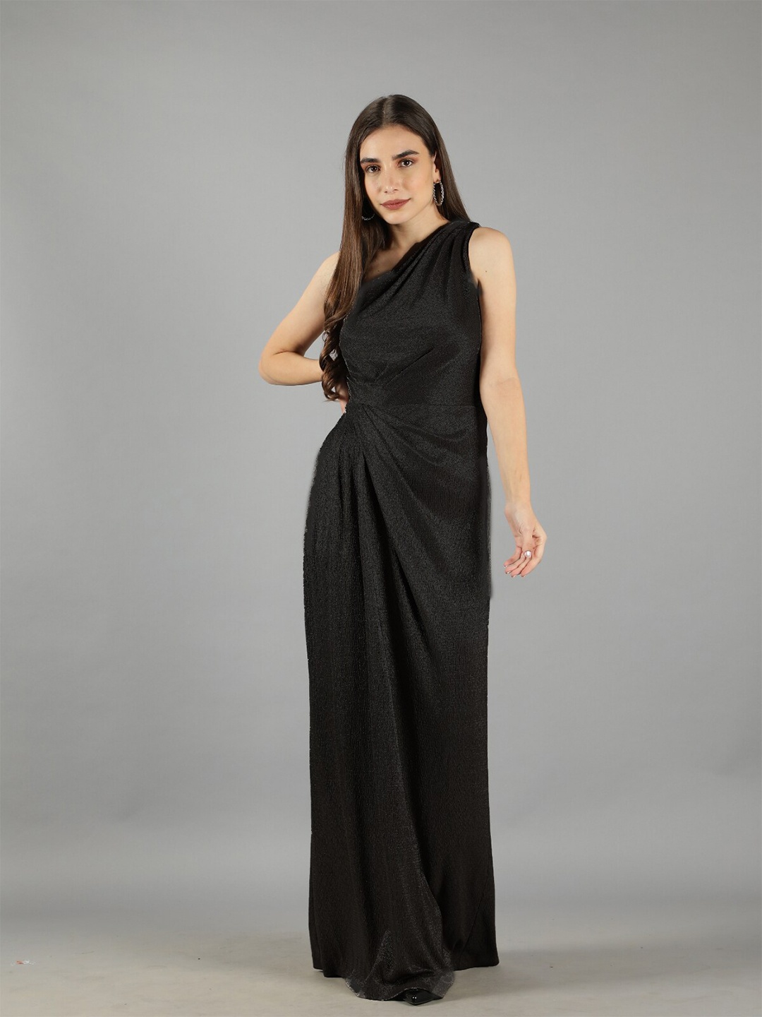 

Svelte Couture One Shoulder Draped Maxi Dress, Black