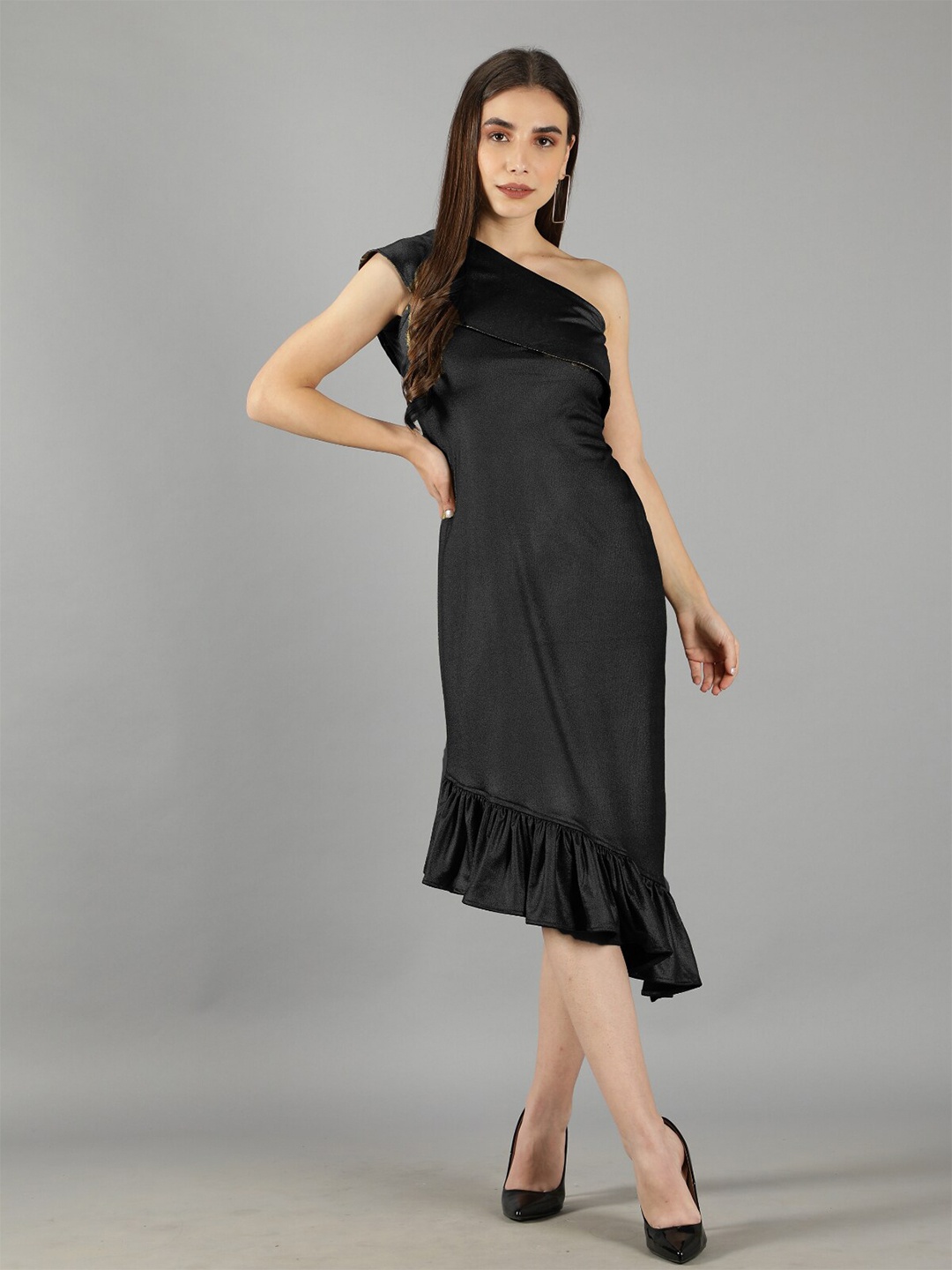 

Svelte Couture One Shoulder Ruffled A-Line Midi Dress, Black