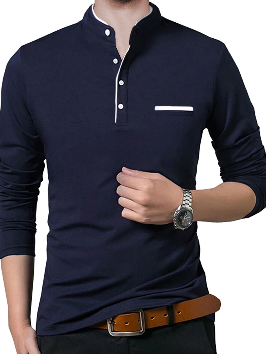 

BLIVE Henley Neck Slim Fit Cotton T-Shirt, Navy blue