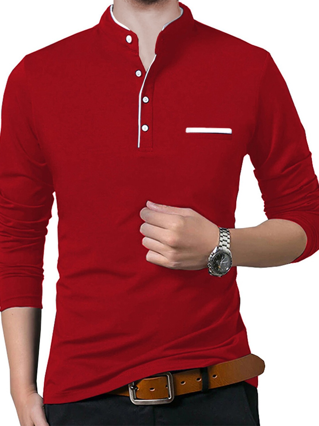 

BLIVE Henley Neck Slim Fit Cotton T-Shirt, Red