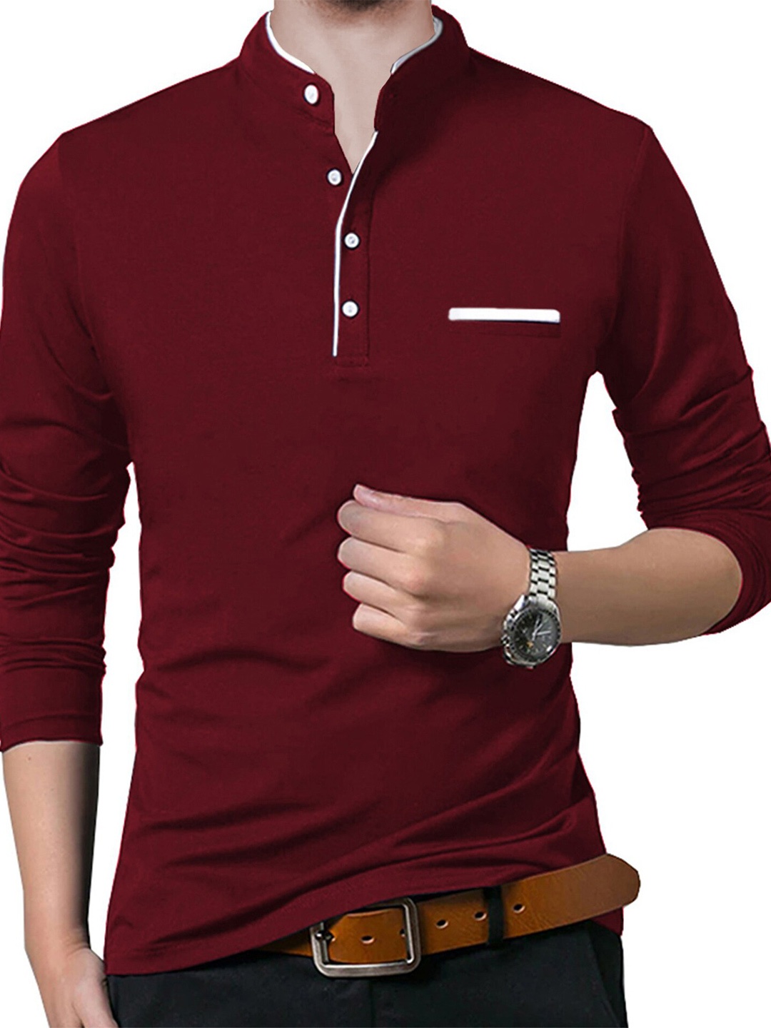 

BLIVE Henley Neck Slim Fit Cotton T-Shirt, Maroon