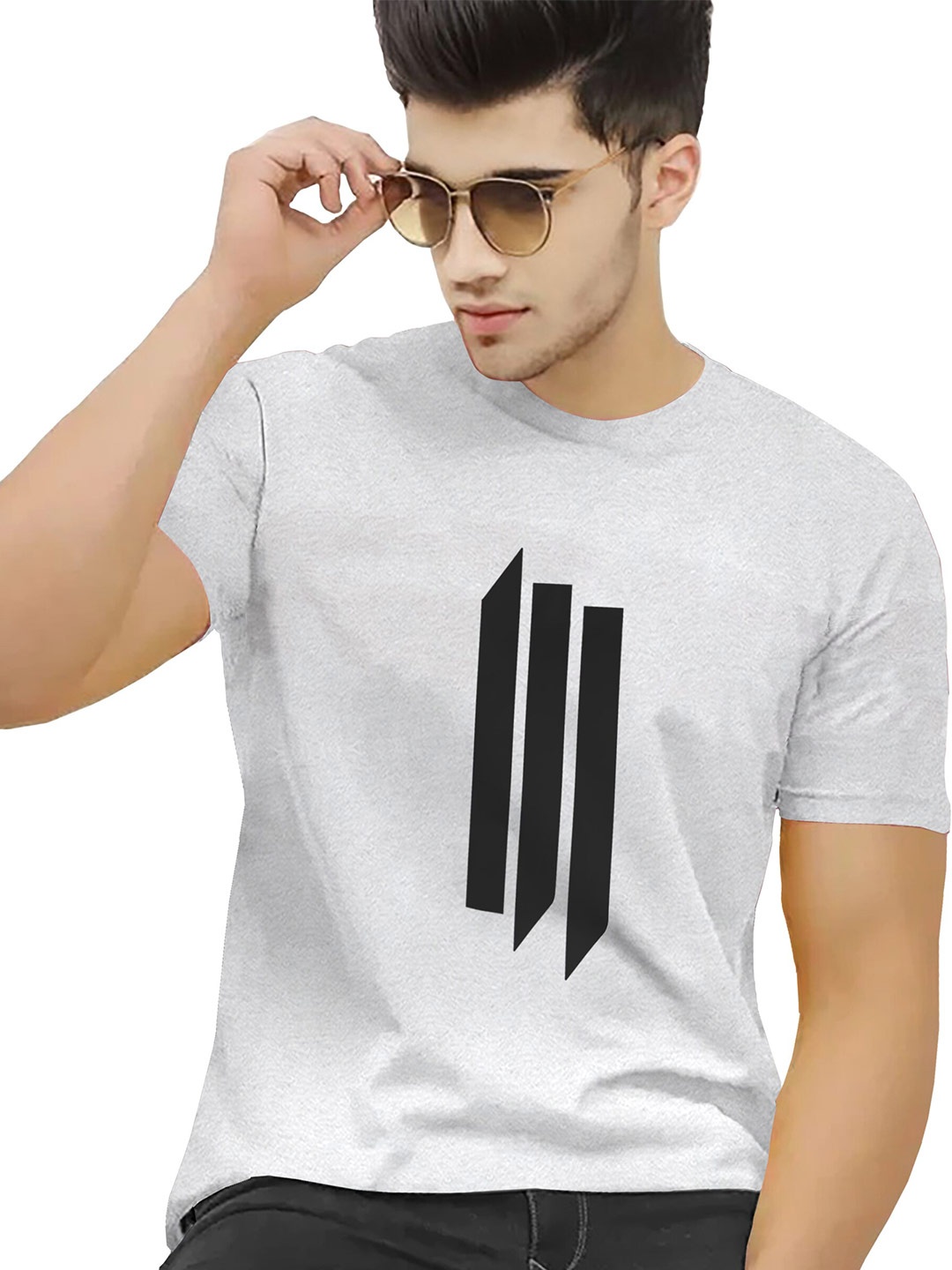 

BLIVE Geometric Printed Round Neck Cotton T-shirt, Grey
