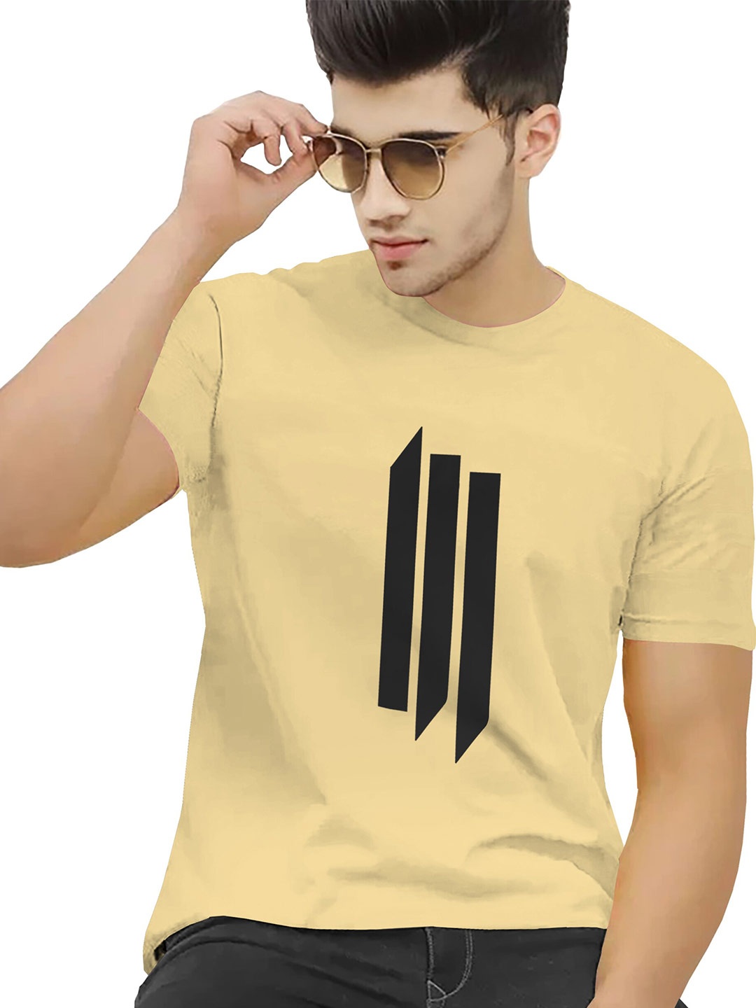

BLIVE Geometric Printed Round Neck Cotton T-shirt, Beige