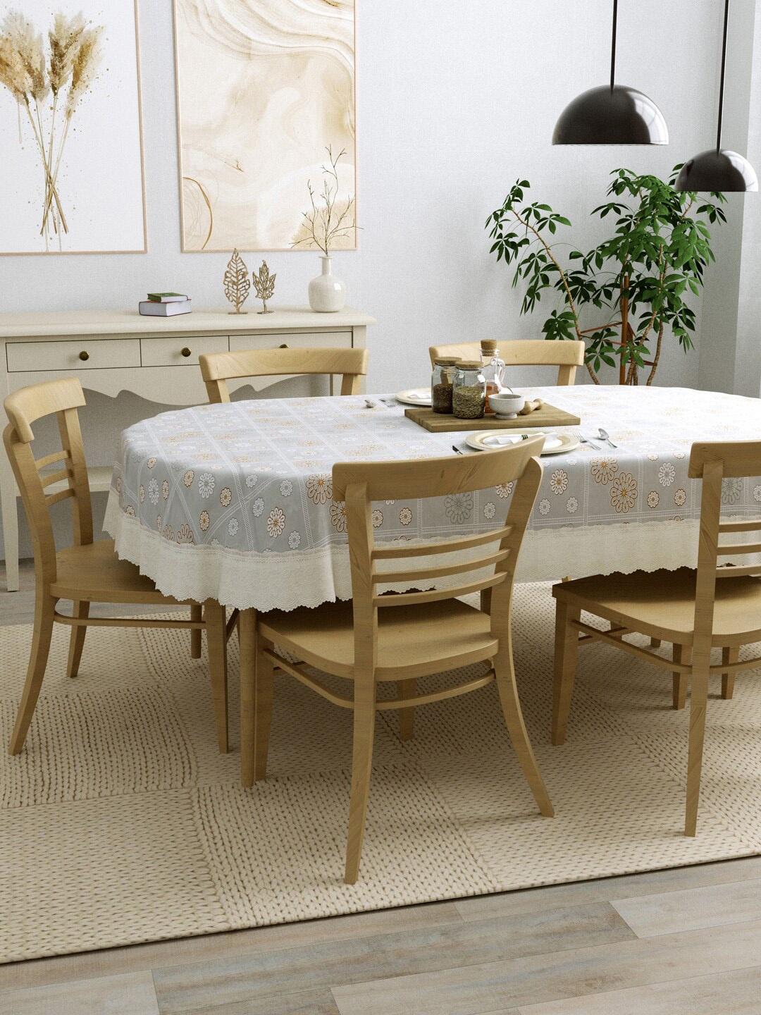 

Clasiko Grey & Gold-Toned Floral Printed Oval 6-Seater Anti-Slip Table Cover